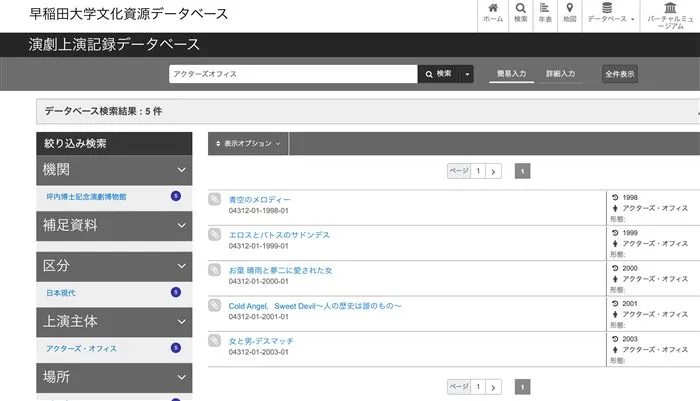 早稲田大学文化資源データベース「演劇上演記録データベース」、アクターズ・オフィスの検索結果画面